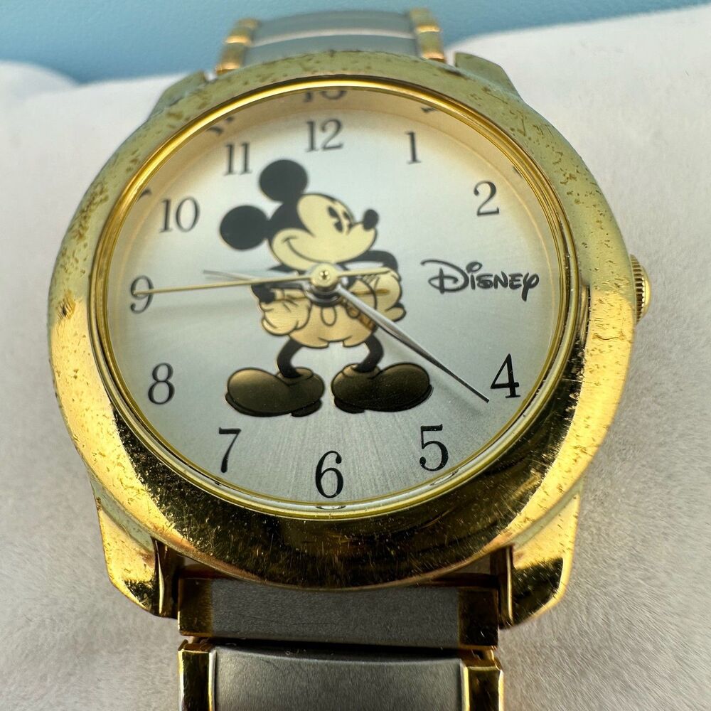 Vintage Mickey Mouse Gold Silver Tone Stretch Band Wrist Watch Tested Works - Picture 4 of 14